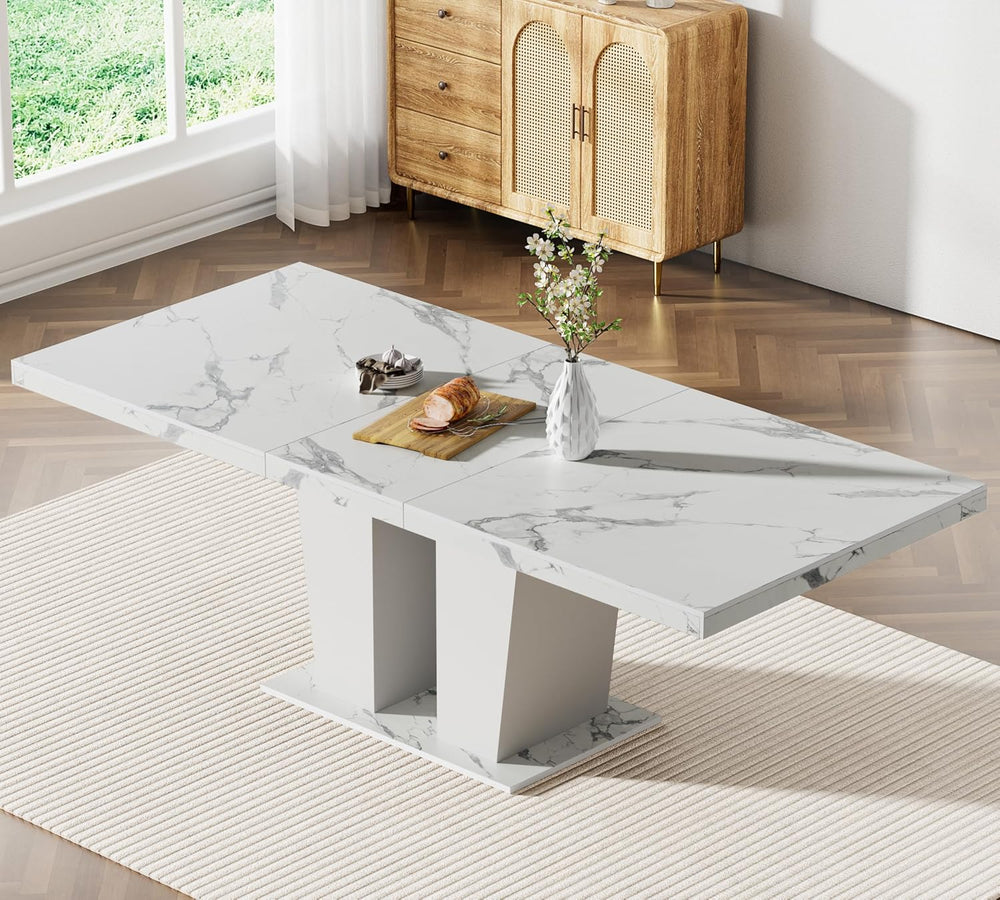 HomVent White Faux Marble Expandable Dining Table Set for 6