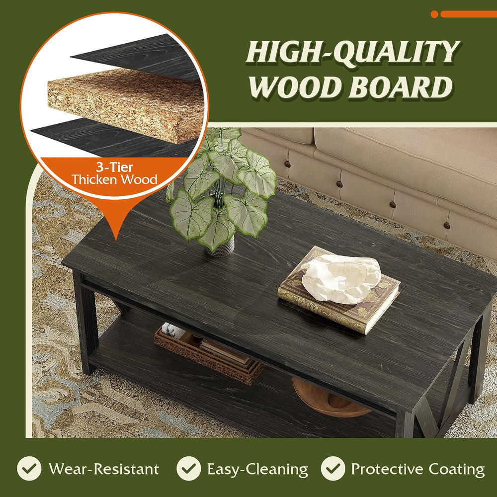 WLIVE Coffee Table, 43.3 Inch Farmhouse Table with Storage Shelf, Black