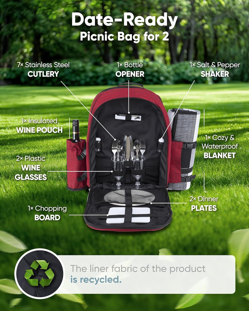 Picnic Backpack for 2 - All-in-One for Couples [with Picnic Blanket & Por...