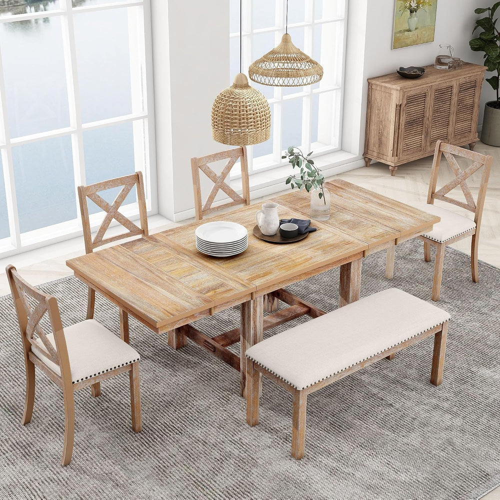 Farmhouse 6-Piece Extendable Dining Room Table Sets, Acacia Wood 82''...