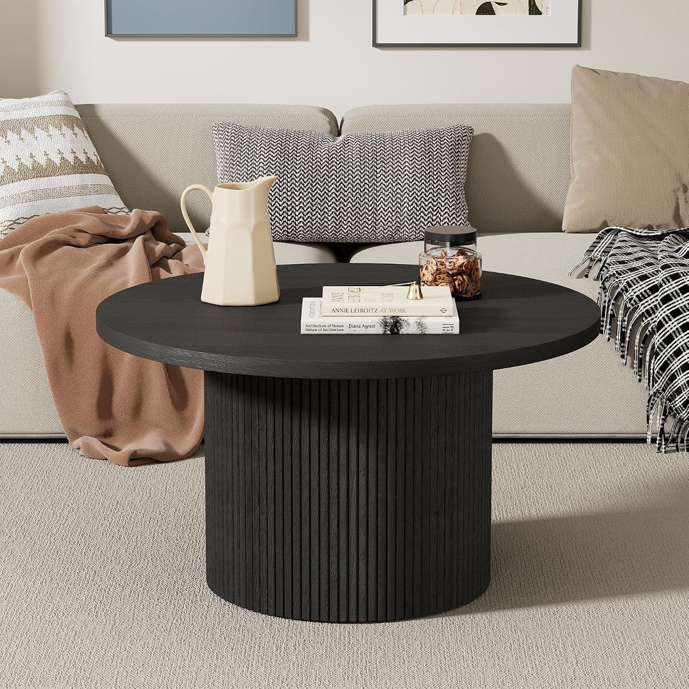Furniway Round Coffee Table, 35.4" Circle Wide Coffee Table, Wood Table ...