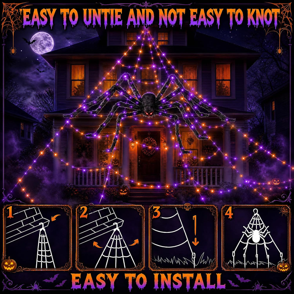 Halloween Decorations Outdoor Spider Web Lights - 550 LEDs Purple and Orange ...