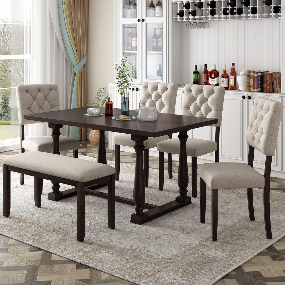 Merax 6 Pieces Dining Table Chair Set with Bench, Rectangle 4 Upholstered Cha...