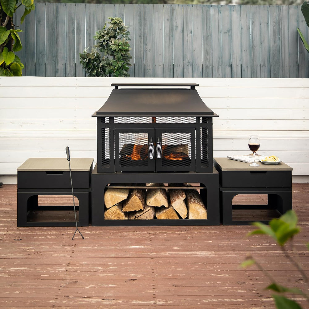 70 Inch Rectangular Outdoor Steel Woodburning Fireplace with Side Tables - In...