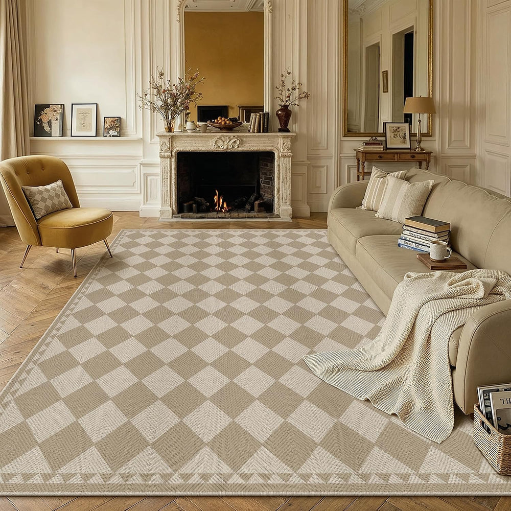 HUGEAR 8x10 Indoor Outdoor Rug Beige Brown Checkered Area Rugs for Living Room