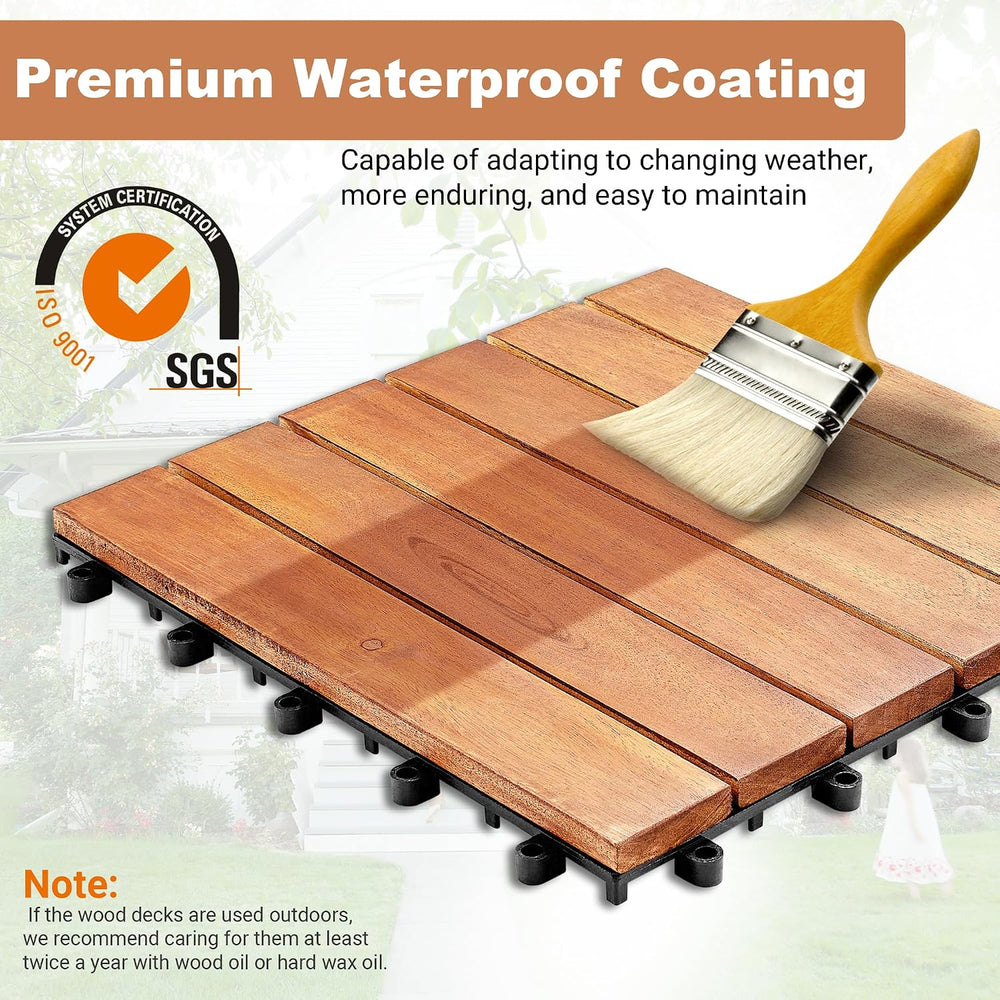 PrimeZone 108 PCS Solid Acacia Wood Interlocking Deck Tiles, Natural Wood