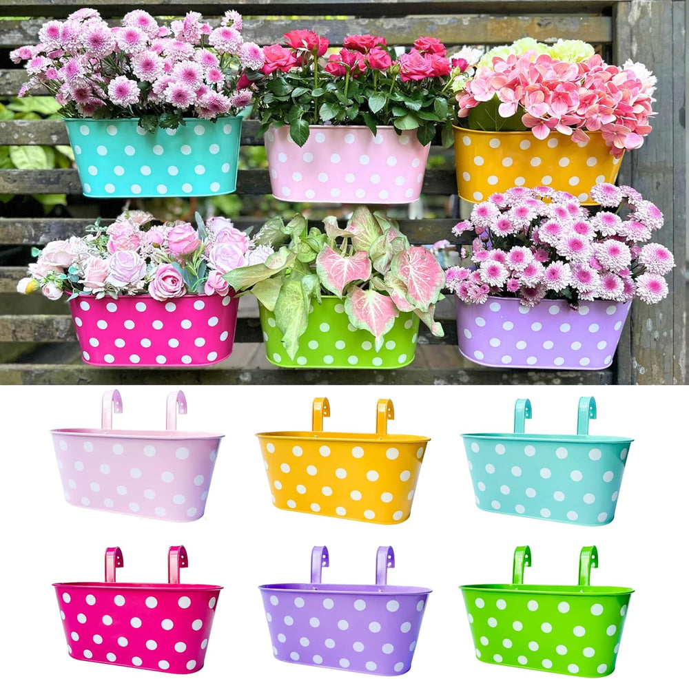 LaLaGreen Colorful Rail Planter (17 in, 6 Pack) Polka Dot Metal Deck Pots