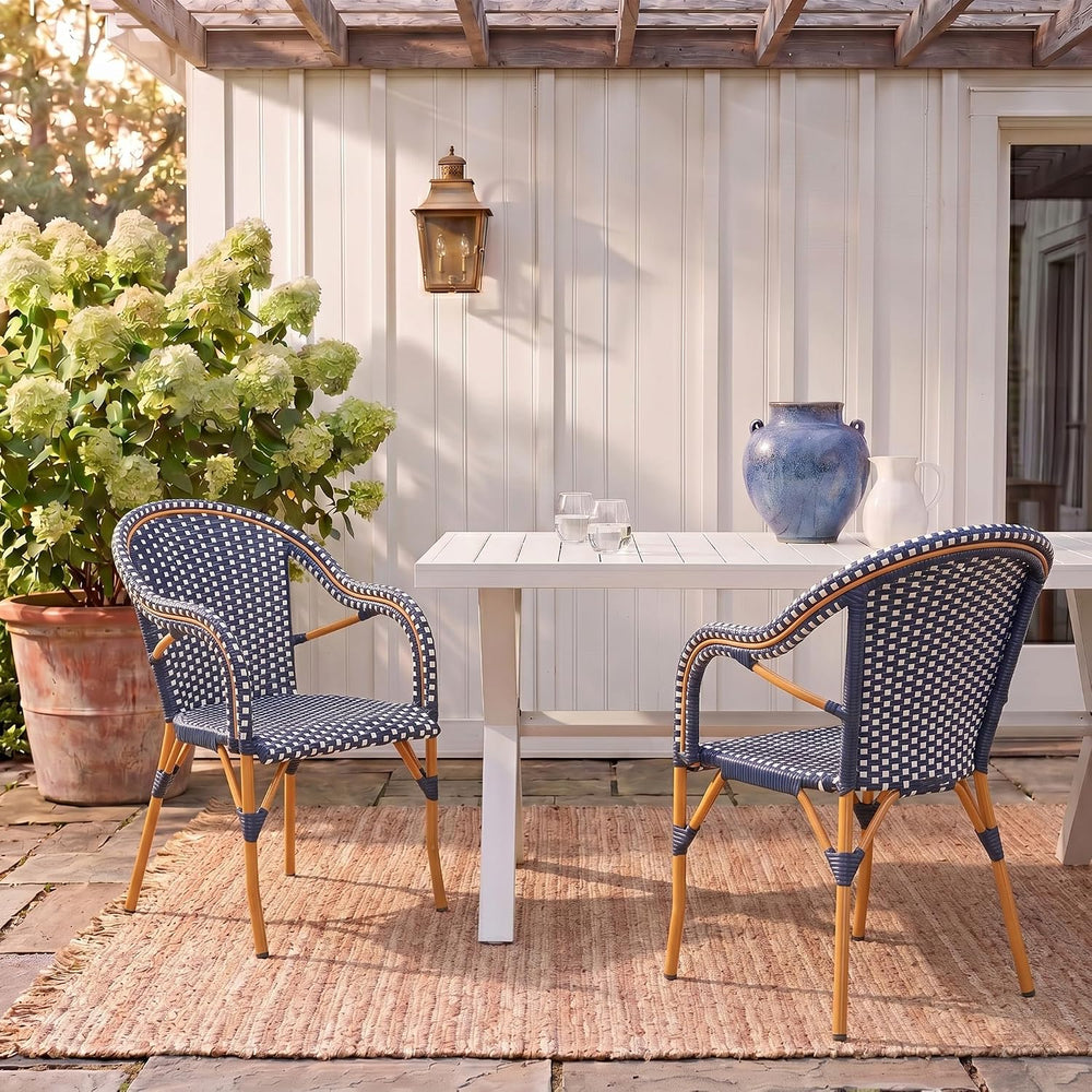 SAFAVIEH Outdoor - California Armchair Set of 2 - Navy & White - Faux Wic...