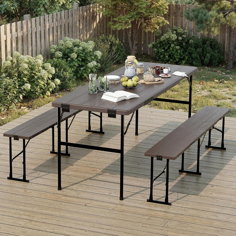 Polar Aurora Picnic Table Set with 2 Benches, 6 Feet Folding Camping Table Ch...