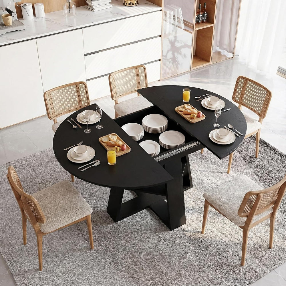 Round Extendable Dining Table Set for 6, 43"-59" Black Expandable K...