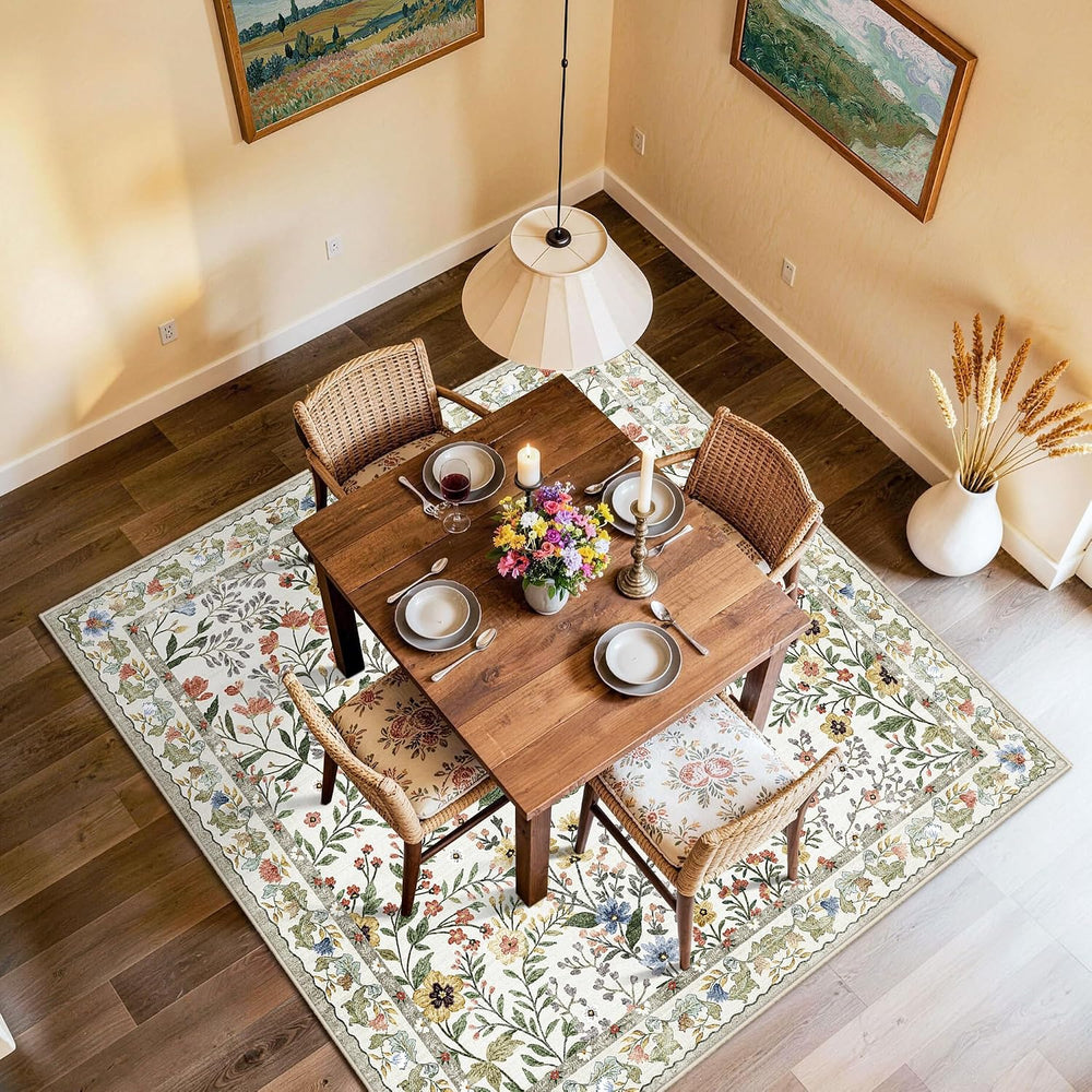 5x5 Living Room Area Rug Washable: Floral Non-Slip Mats for Indoor Floor Entr...