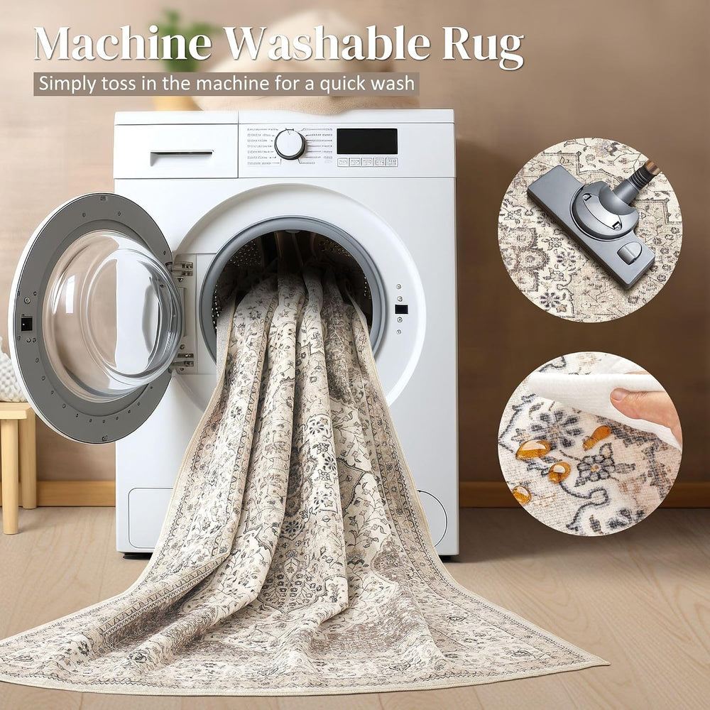 Vintage 10x14 Washable Area Rugs for Living Room, Non Slip, Brown