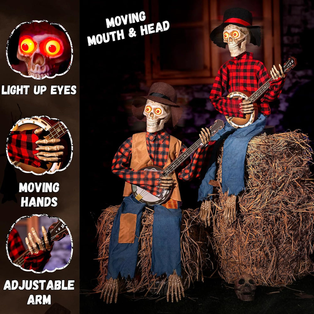 Halloween Animatronics Banjo Skeletons Duo Decorations, Animated Skull with S...