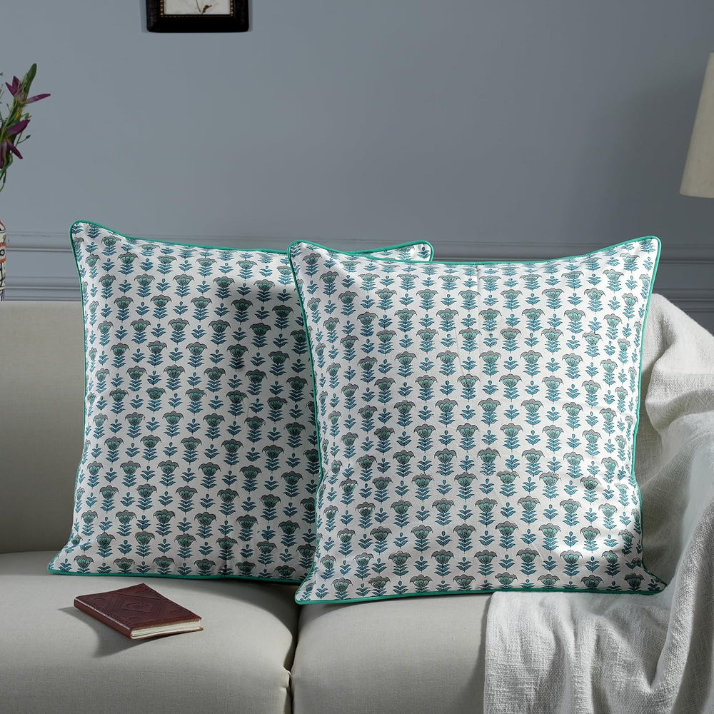 Ridhi Aquamarine Blue Block Print Cotton Pillow Cover 16x16 Inch Set of 2