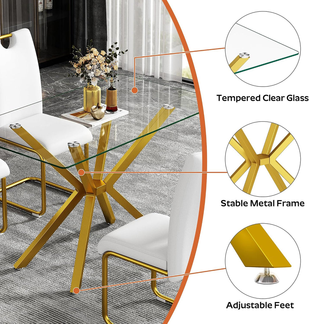 Modern Gold Glass Dining Table Set of 6, 47'' Clear Glass Top Rectang...
