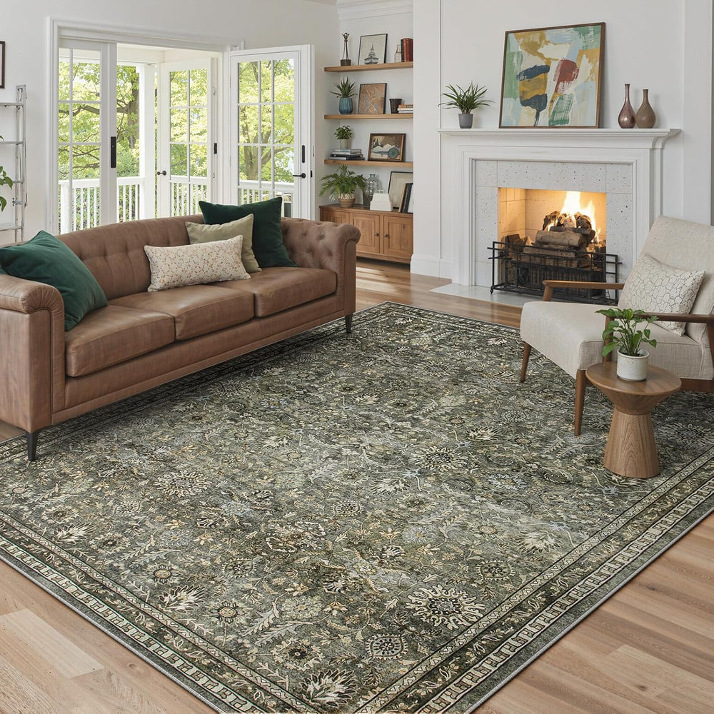 Lahome Dark Olive Green Bedroom Rug, 8x10 Washable Area Rug for Living Room