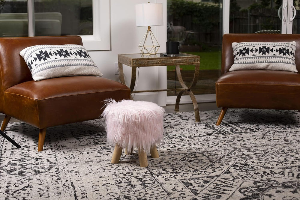 BIRDROCK HOME Faux Fur Foot Stool Ottoman – Upholstered Vanity Chair w/Natura...