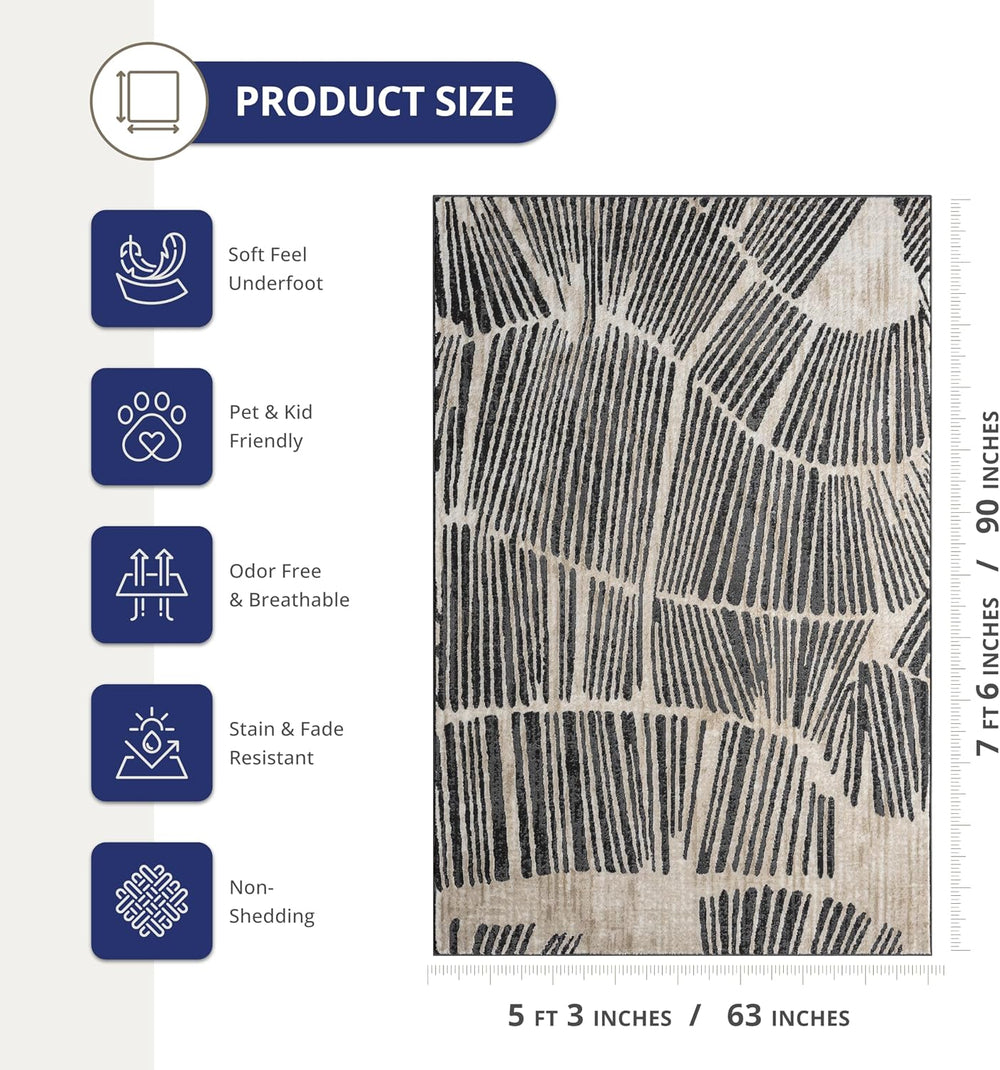 Beige Black Linear Wave Contemporary Area Rug – 5' x 8' – Modern Arti...