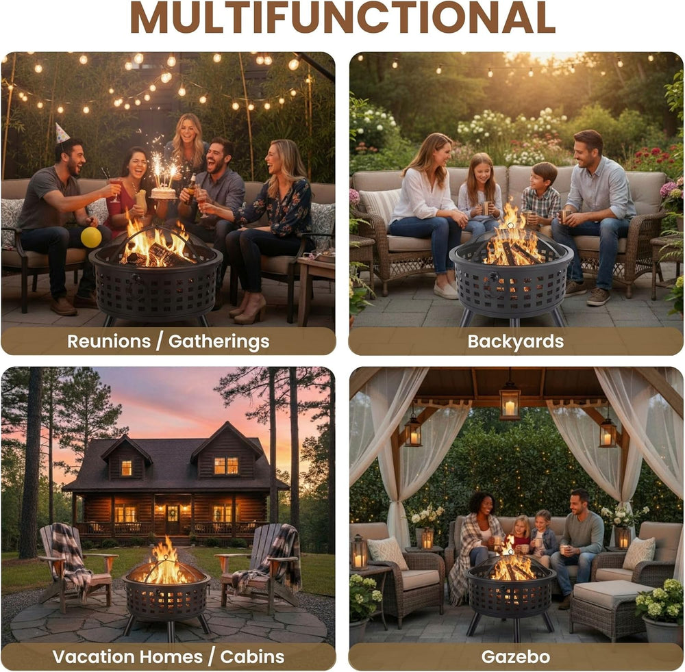 Outdoor Fire Pit - 26-Inch Round Lattice Wood Burning Firepit with Screen, Po...