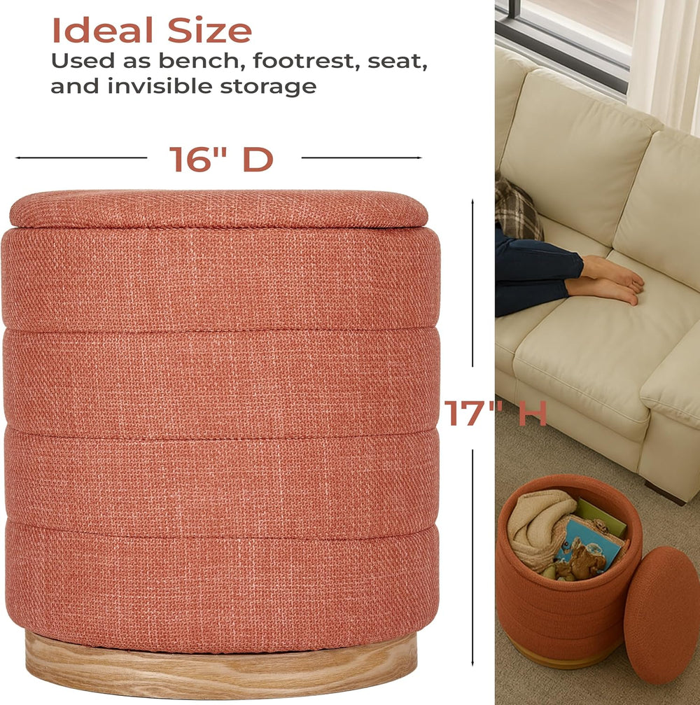 Linen Storage Ottoman Round Footrest with Hidden Storage, Coral Orange 16&quo...