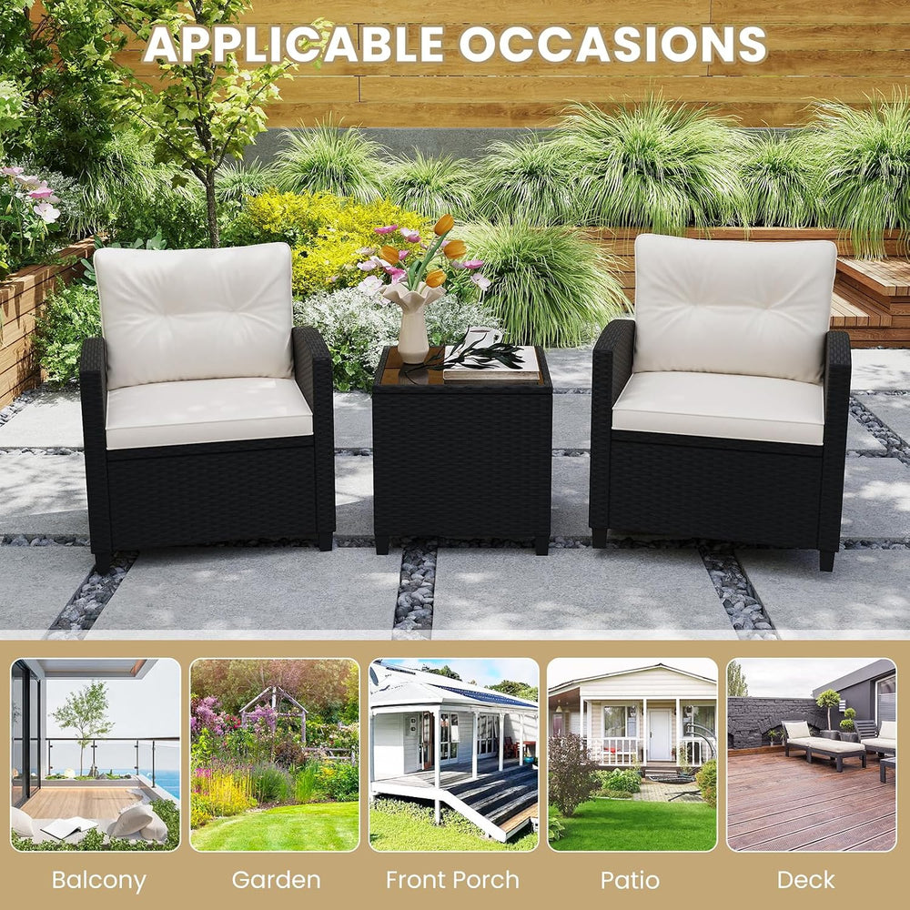 ORALNER 3 Pieces Patio Furniture Set, Black Wicker Bistro Set (White)