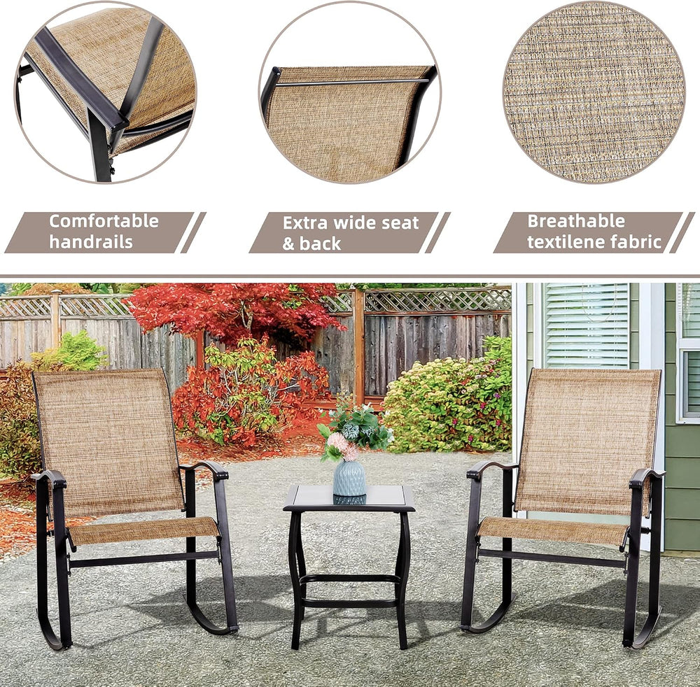 Vongrasig 3 Piece Outdoor Rocking Bistro Set, Textilene Fabric Small Patio Fu...