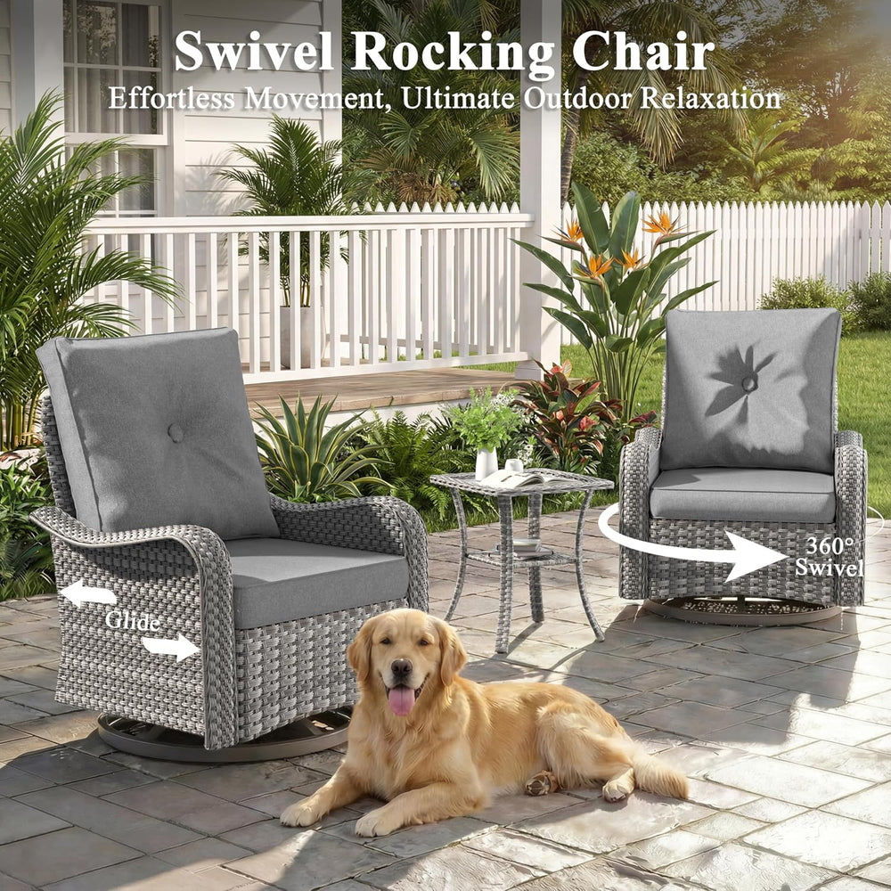 3 Piece Patio Furniture Set with Swivel Rocking Chairs, Outdoor Wicker Conver...