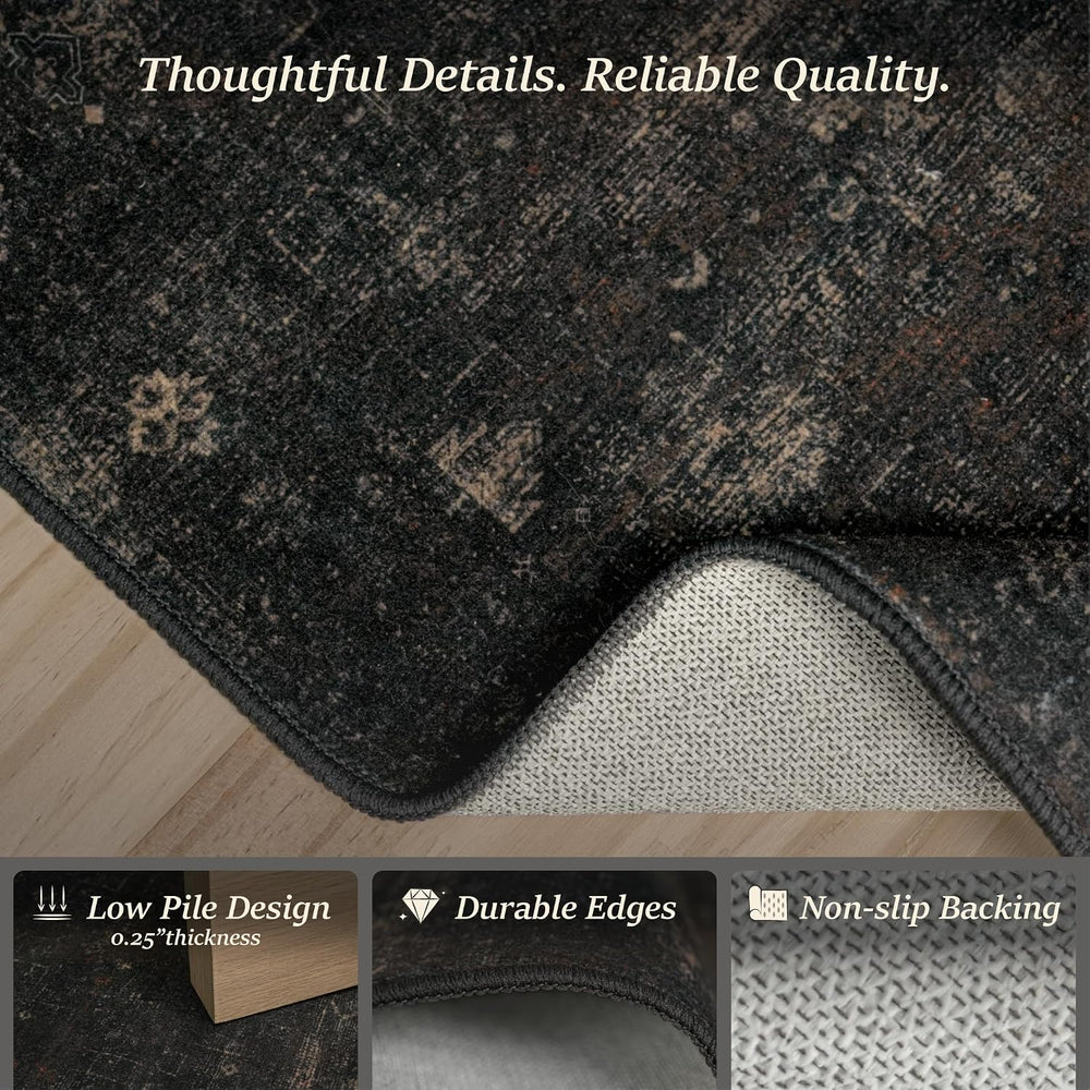 TALANOVA Black Farmhouse Washable 8x10 Area Rugs for Living Room, Dark Charco...