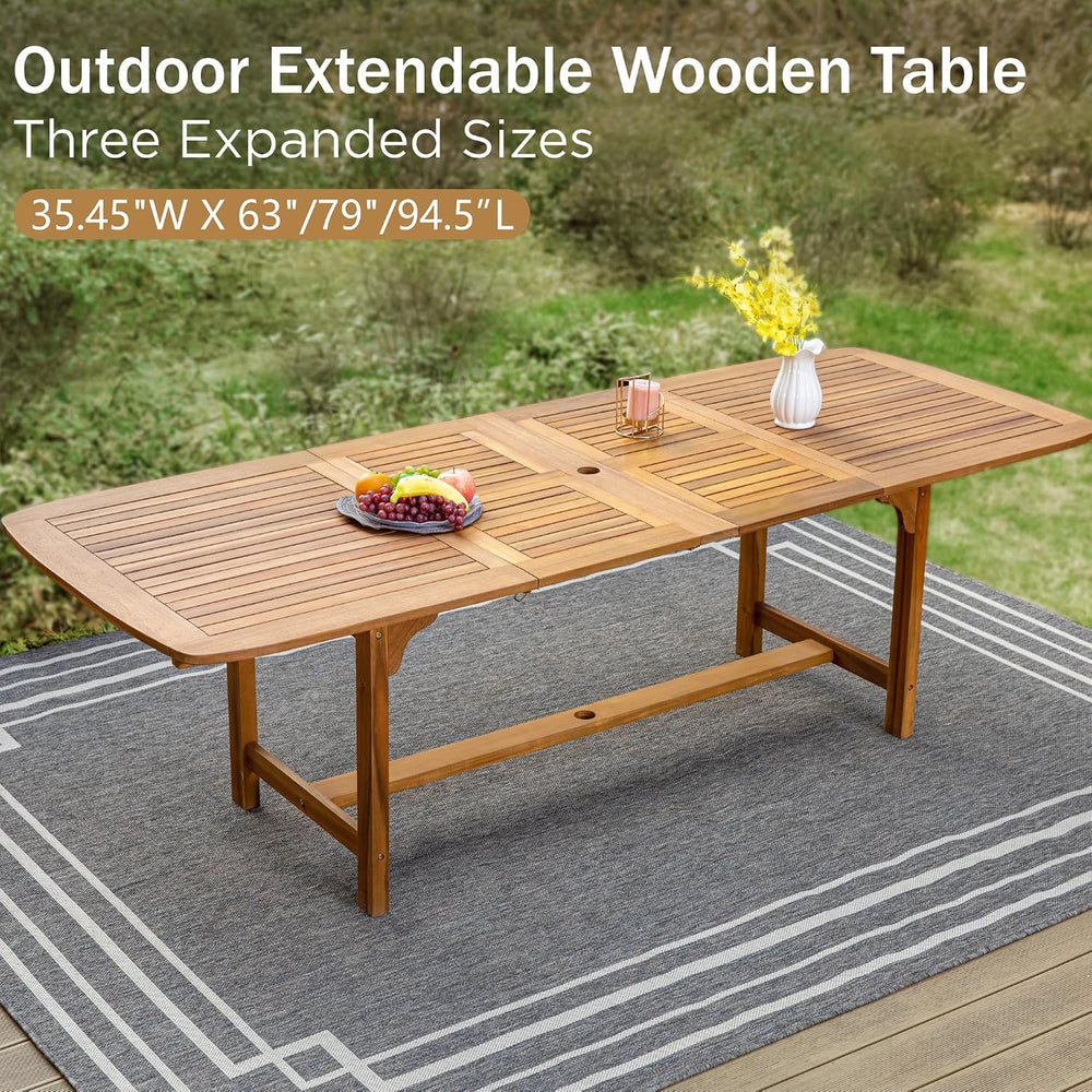 PHI VILLA 9pc Outdoor Dining Set, Expandable Wood Table w/Umbrella Hole