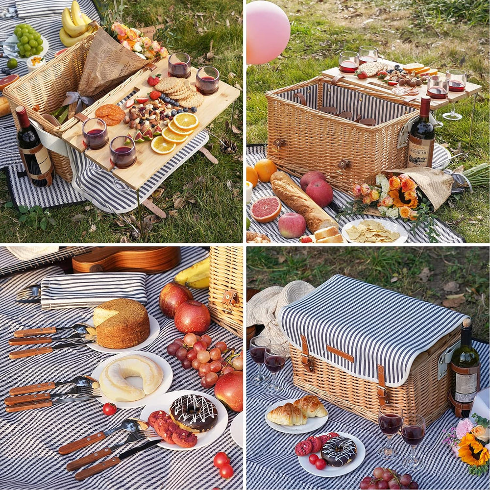 WILLOW WEAVE Wicker Picnic Basket for 4 with Wine Table - Stripe
