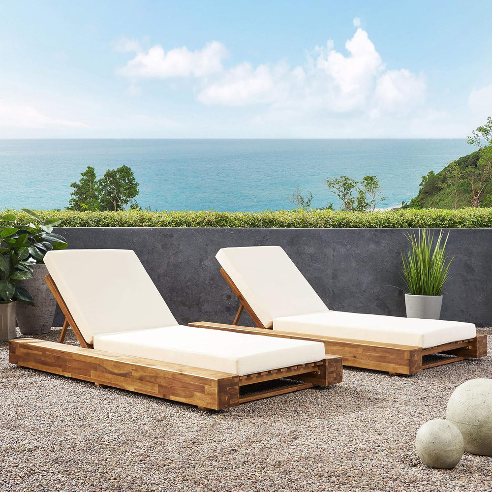GDFStudio Outdoor Acacia Wood Chaise Lounge and Cushion Sets (Set of 2), and ...