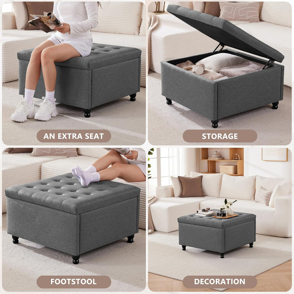 30" Large Square Ottoman with Storage, Fabric Ottoman Coffee Table, Grey