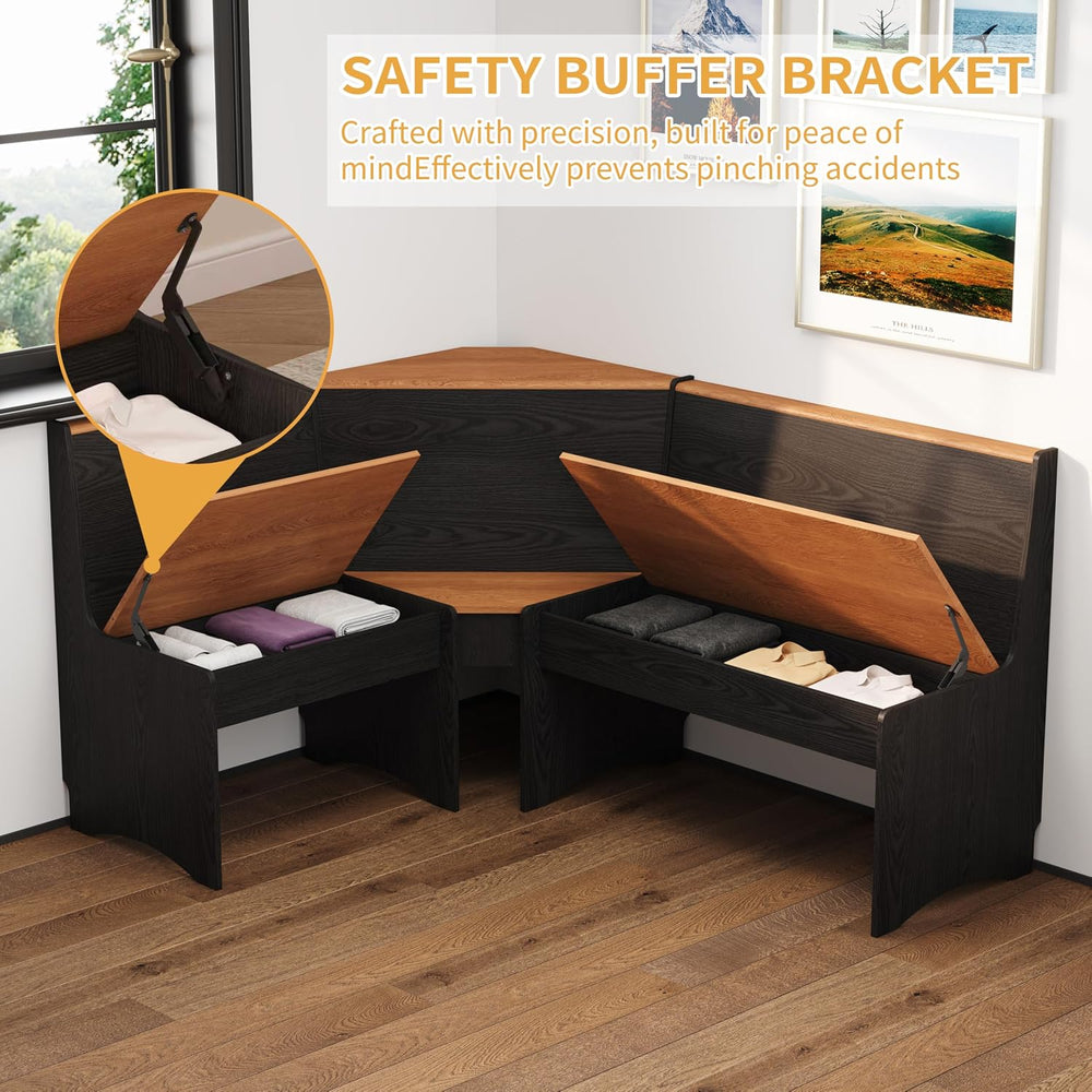 Farmhouse Breakfast Nook Table Set with Corner Bench (Black + Natural)