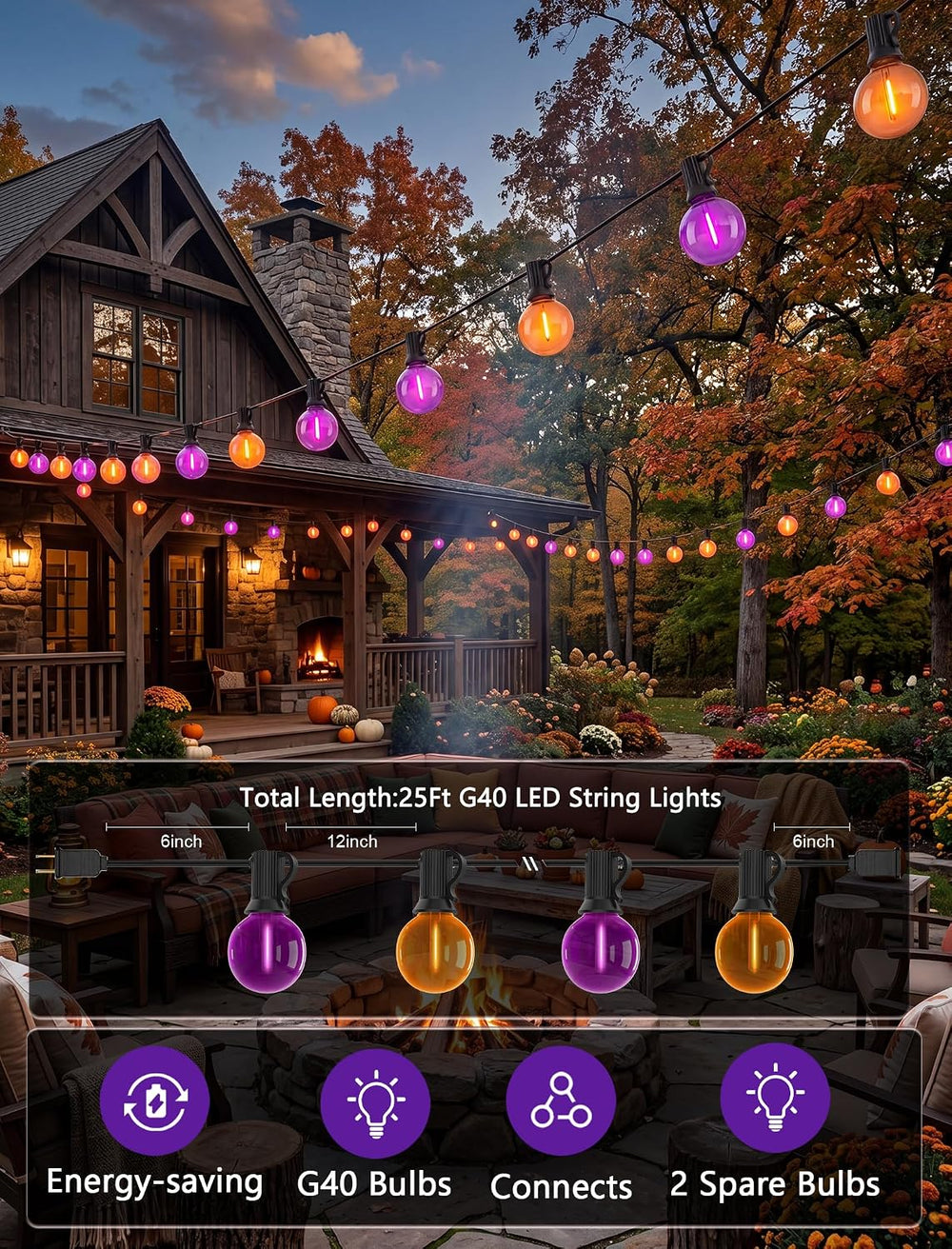 25FT G40 LED Outdoor Halloween String Lights, Orange and Purple Halloween Dec...