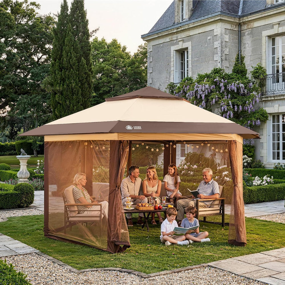 CROWN SHADES 13x13 Pop Up Gazebo with Mosquito Nettings, Beige&Coffee