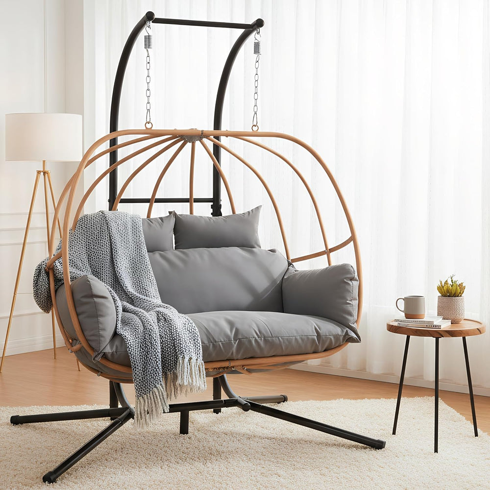 Double Egg Chair with Stand, Oversized Egg Chair Outdoor, 2-Person Hanging Eg...