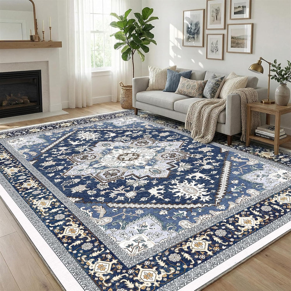 OPPODREAM Soft Area Rugs 8x10, Persian-Inspired Washable Rug, Blue & Gold
