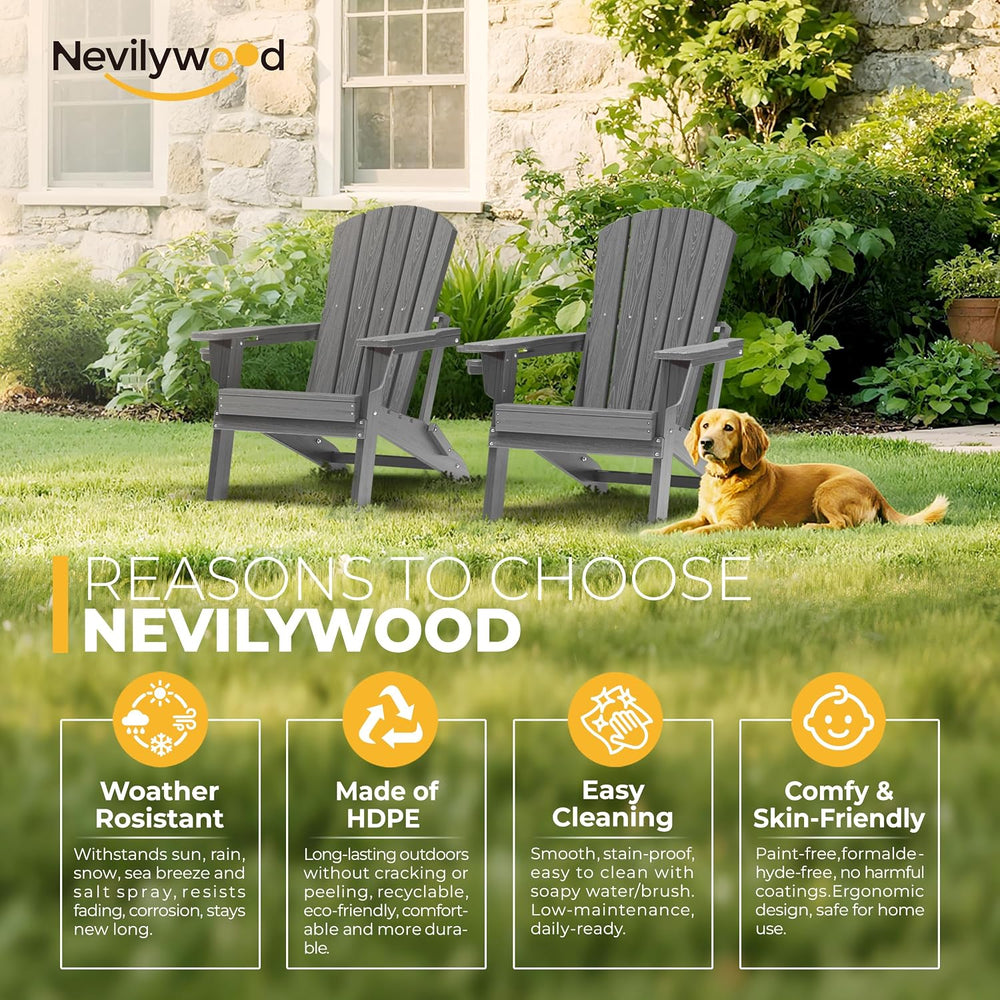 nevilywood Folding Adirondack Chair, HDPE Ergonomic Cup Holder, Gray