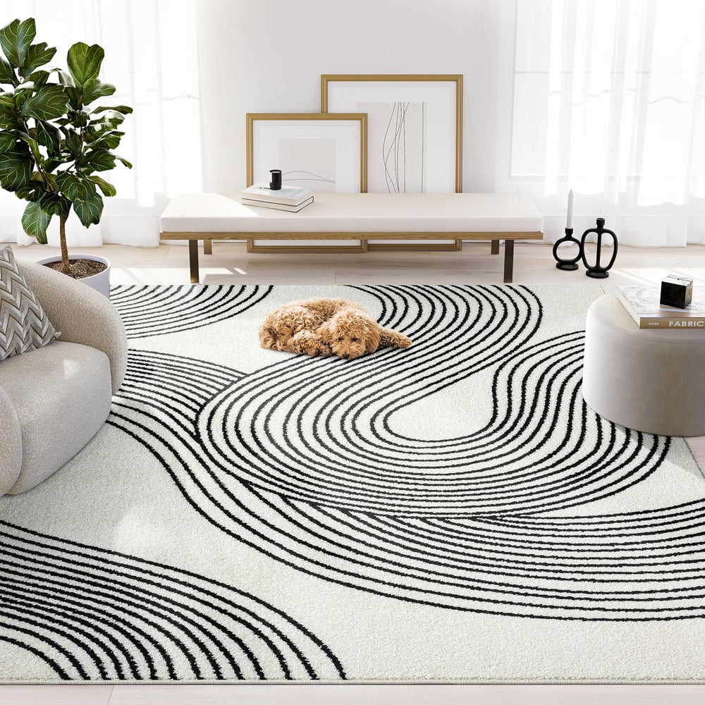 Abani Cream and Black Swirl Area Rug | 4" x 6" Beige Carpet with Wa...