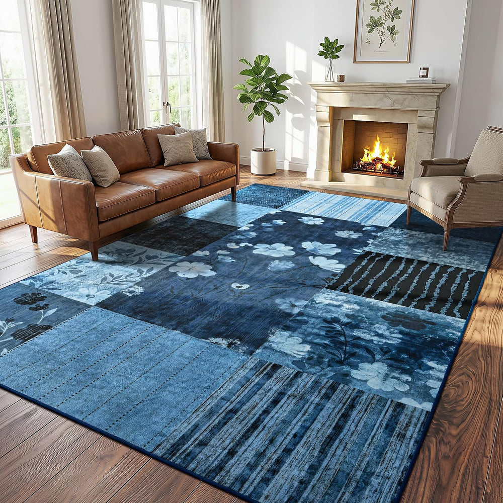 8'x10' Blue Floral Geometric Patchwork Area Rug