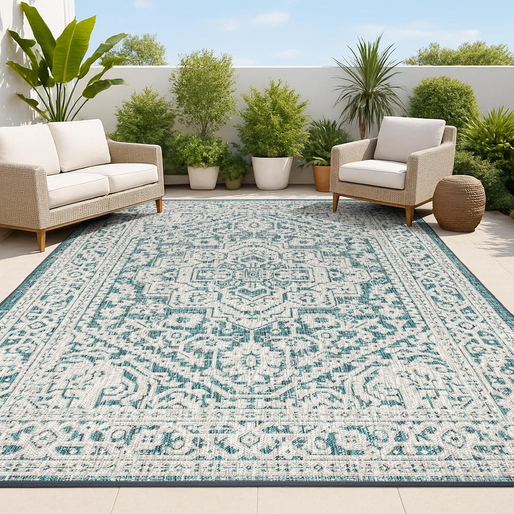 JONATHAN Y Medallion Weave Indoor Outdoor Area Rug 8X10 Teal Blue/Gray, Sinju...