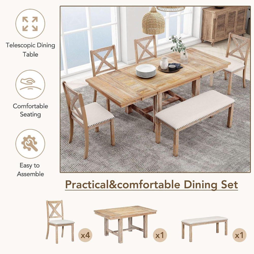 Farmhouse 6-Piece Extendable Dining Room Table Sets, Acacia Wood 82''...