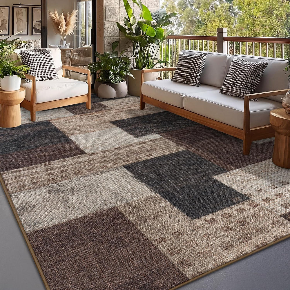 Modern Outdoor Patio Rug, Geometric Patchwork Rug for Living Room, Brown