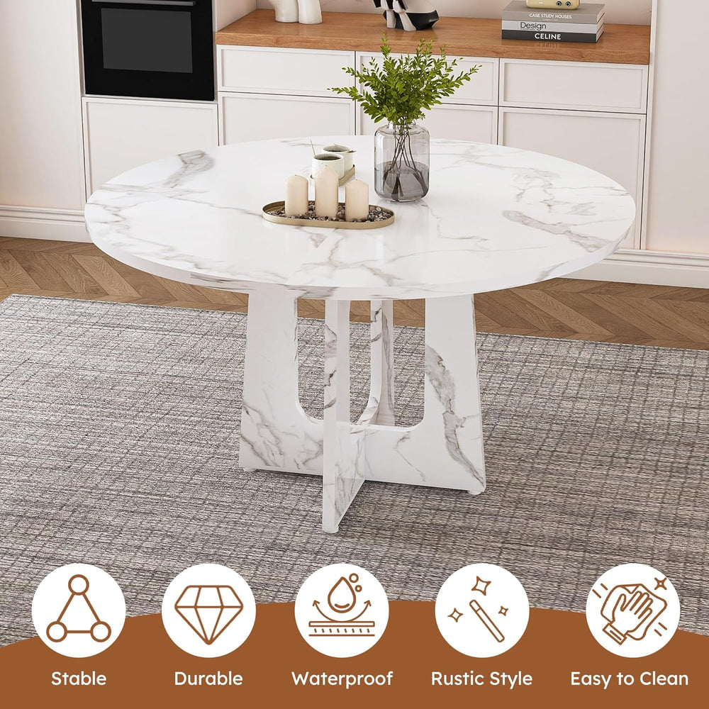 47" Round Farmhouse Dining Table Set for 4, Circle White Faux Marble Kit...
