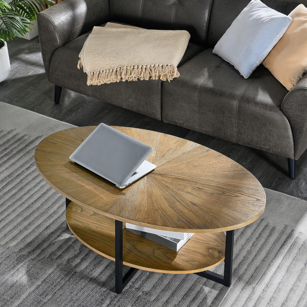 Wood Oval Coffee Table with Storage Shelf, 2-Tier, Rustic Nature