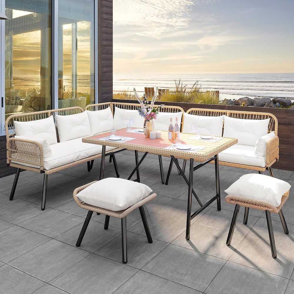 YITAHOME L-Shaped Rattan Patio Furniture Set Light Brown Beige