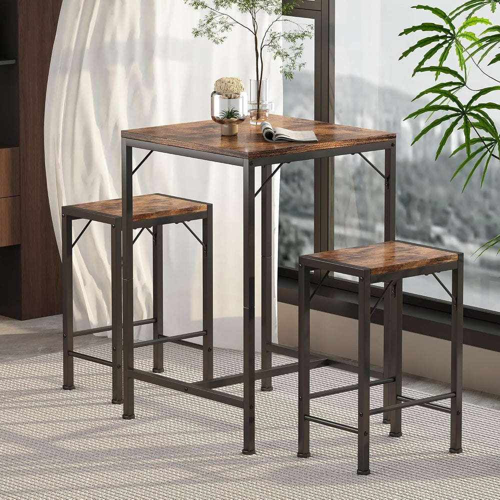 Homeiju Bar Table and Chairs Set, Square Bar Table with 2 Stools, Space-Savin...