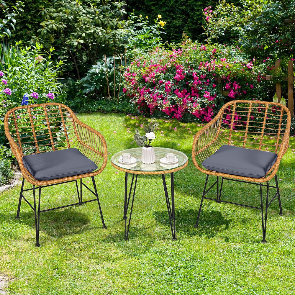 Tangkula 3 Pieces Patio Bistro Set, Rattan Conversation Set with 2 Cushioned ...