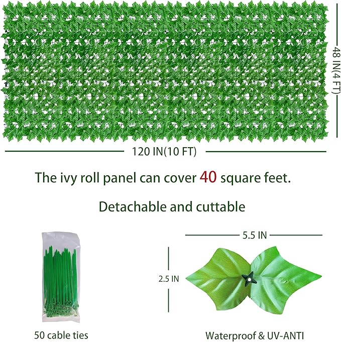 Artificial Ivy Privacy Fence Wall Screen: 48X120 in UV-Anti Faux Greenery Bac...