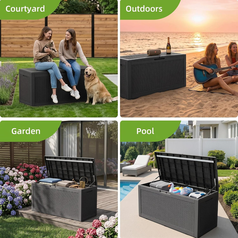 190 Gallon Outdoor Storage Box Waterproof Lockable Deck Box, Black